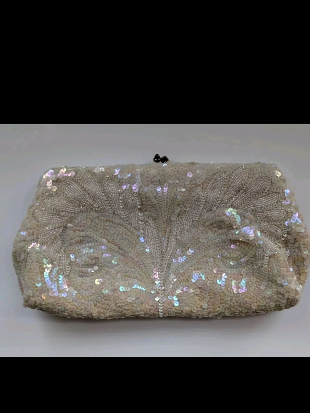 VTG 60s Josef Beaded Sequin Clutch Purse Cream Iridescent Hand Beaded In France